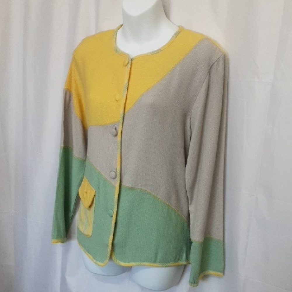 Adolfo Colorblock Knit Cardigan in Sage, Yellow & Taupe - Picture 3 of 6